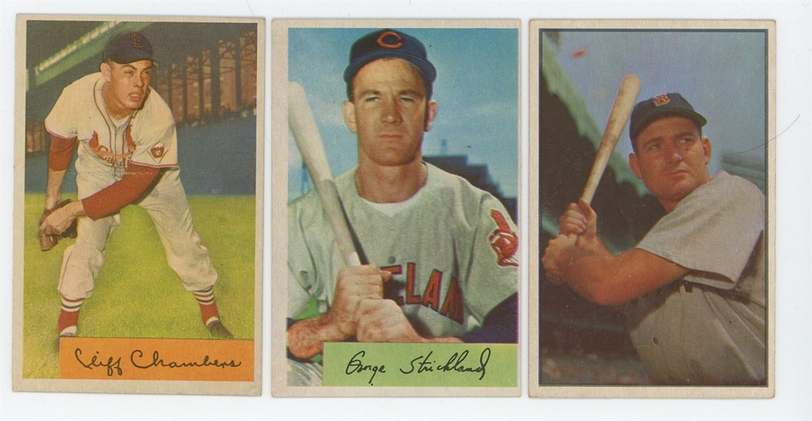 1953 Bowman George Kell #61, 1954 Bowman George Strickland #36, and 1954 Bowman Cliff Chambers #126 lot of 3 mid-grade cards VG-EX