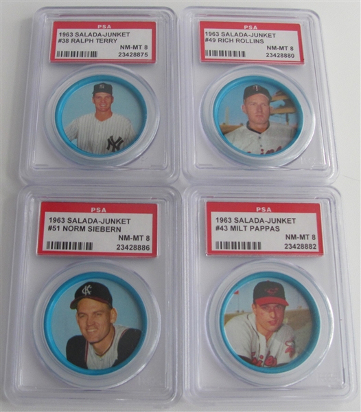 1963 Salada-Junket Lot of 7 PSA 8 Baseball Buttons: Leon Wagner, Norm Siebern, Rich Rollins, Jim Gentile, Milt Pappas, Jim Kaat, Ralph Terry