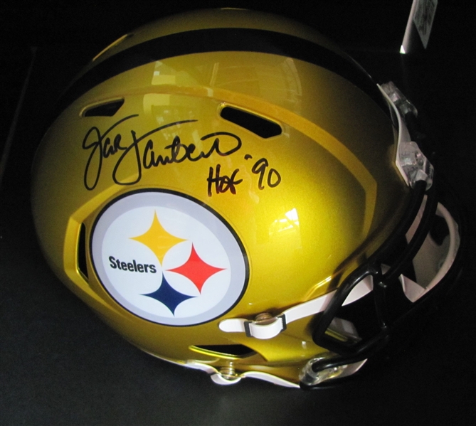 Jack Lambert Signed Full Sized Replica Gold Football Helmet with "HOF 90" inscription. JSA Certified