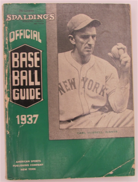 1937 Spaldings Official Baseball Guide Carl Hubbell Cover