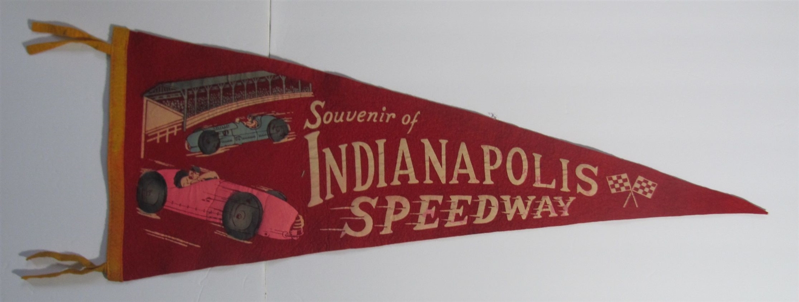 Antique 1950s Indianapolis 500 Speedway Wool Pennant Racing Car 29"