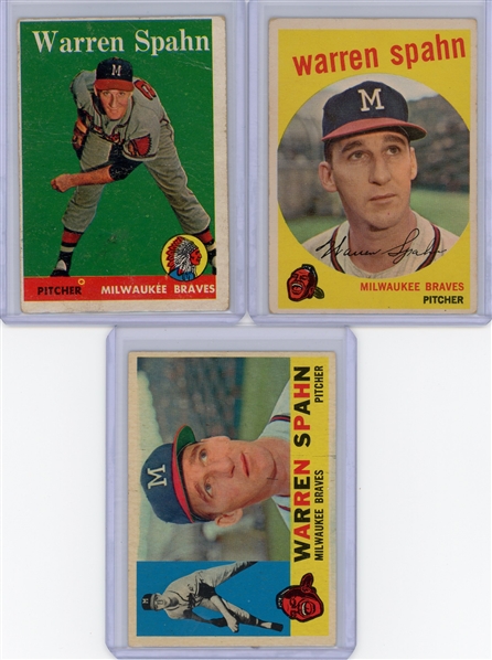 Topps Warren Spahn Lot of Baseball Cards 1958, 1959 &1960 LOW GRADE