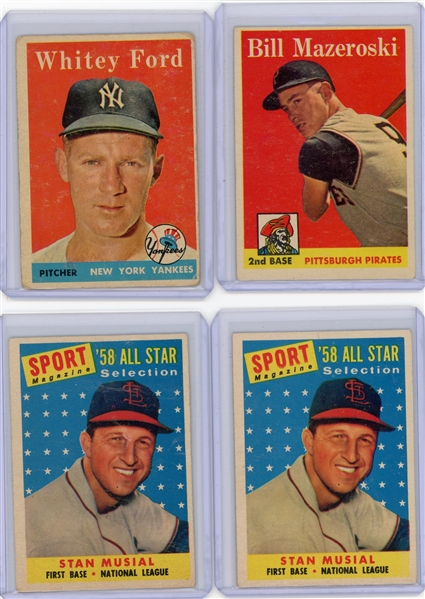 1958 Topps Baseball Card Lot Bill Mazeroski, Whitey Ford and 2 Stan Musial  F to VG-EX