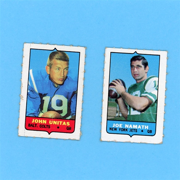 Lot of two 1969 Topps Mini Card Album stickers Joe Namath and John Unitas (separated)