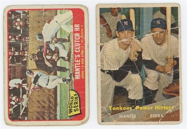 1957 Topps Yankees Power Hitters Mickey Mantle and Yogi Berra #407 and 1964 Topps Mantles Clutch HR #134 2-card lot (LOW GRADE)