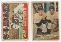 1957 Topps Yankees Power Hitters Mickey Mantle and Yogi Berra #407 and 1964 Topps Mantles Clutch HR #134 2-card lot (LOW GRADE)