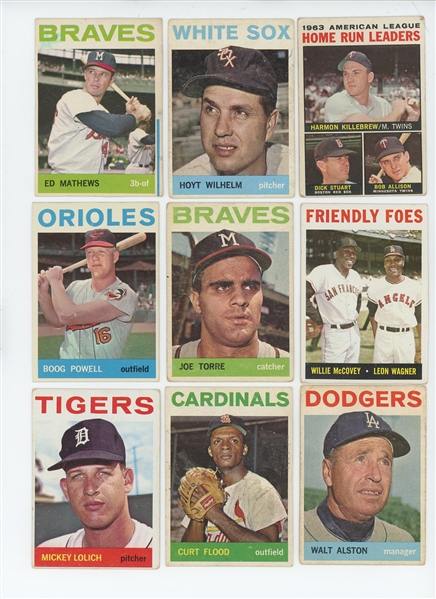 1964 Topps Starter Set 160/586 (27.3%) including HOF Hoyt Wilhelm, Ed Mathews, Joe Torre, Walt Alston, Nellie Fox, Jim Bunning, Robin Roberts, Ron Santo, and Orlando Cepeda, plus Jim Kaat and 22...