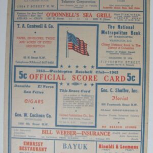 1943 Washington Senators vs. Boston Red Sox Scorecard