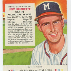 1954 Red Man Tobacco with Tab Lew Burdette NL #24