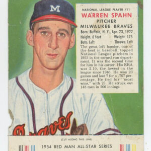 1954 Red Man Tobacco with Tab Warren Spahn NL #11