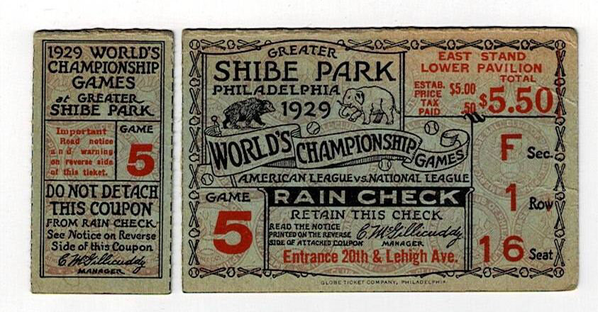 1929 Philadelphia Athletics vs Chicago Cubs World Series Ticket Stub Game 5