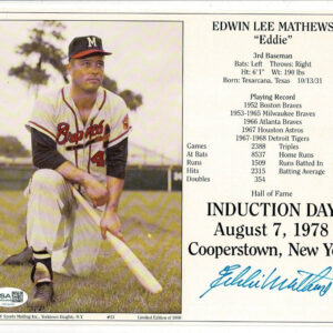 Eddie Mathews Signed Induction Day Card Baseball Hall of Fame 500 HRs JSA